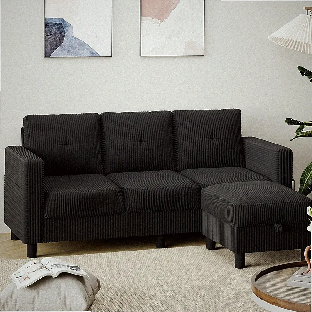 L-Shaped Modern Sectional Sofa with Storage Ottoman in Black Corduroy