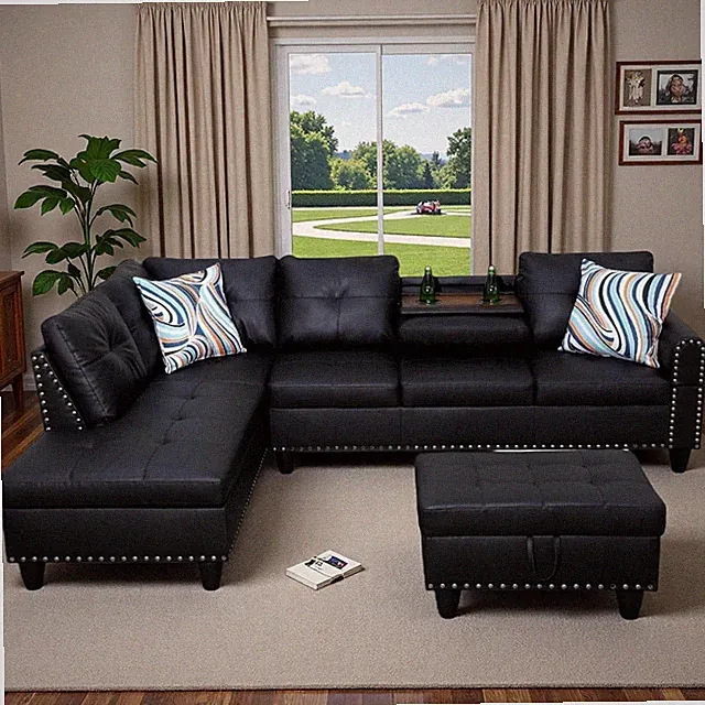 L-Shaped Modular Couch Set with Storage Ottoman - Black Leather, 4 Seats