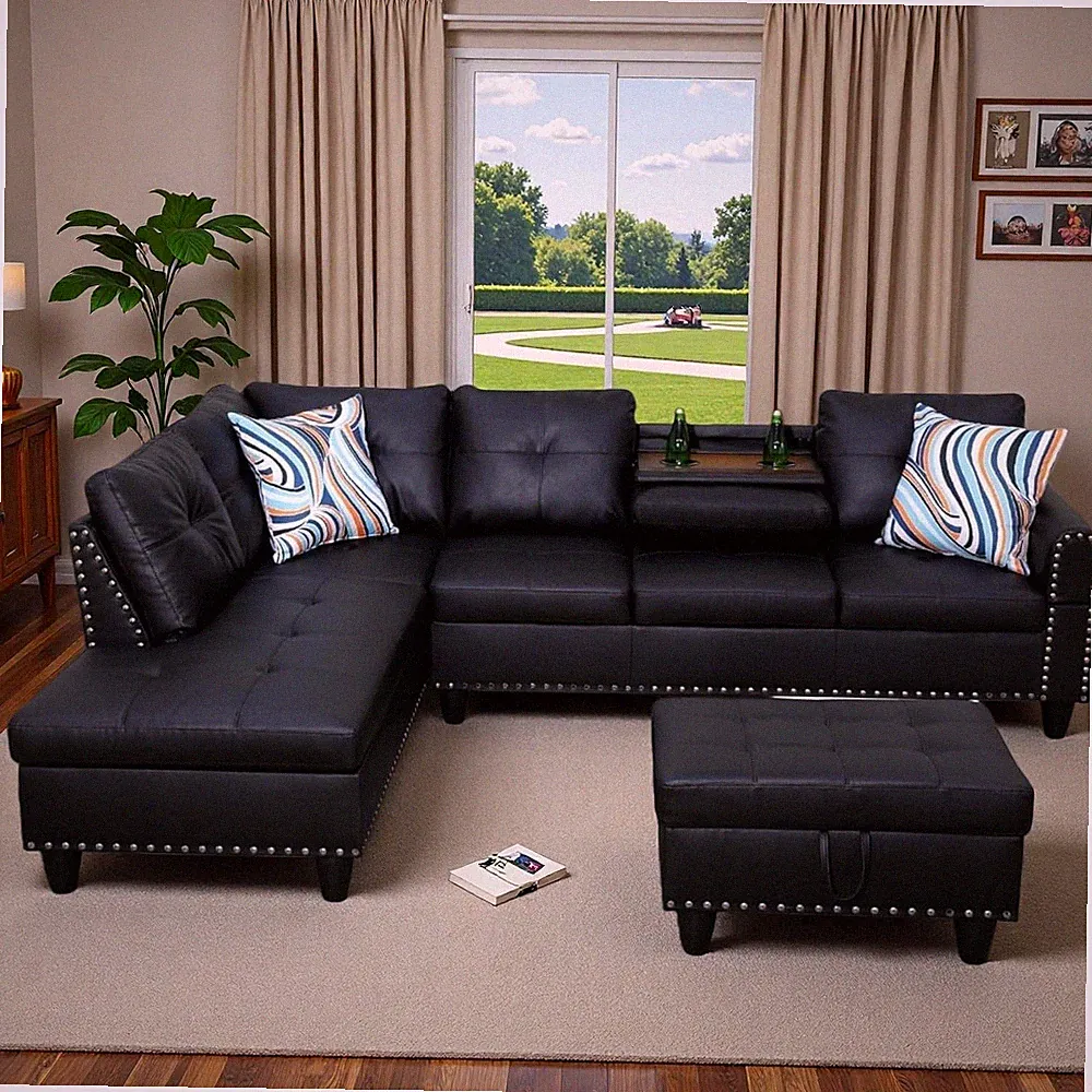 L-Shaped Modular Couch Set with Storage Ottoman - Black Leather, 4 Seats