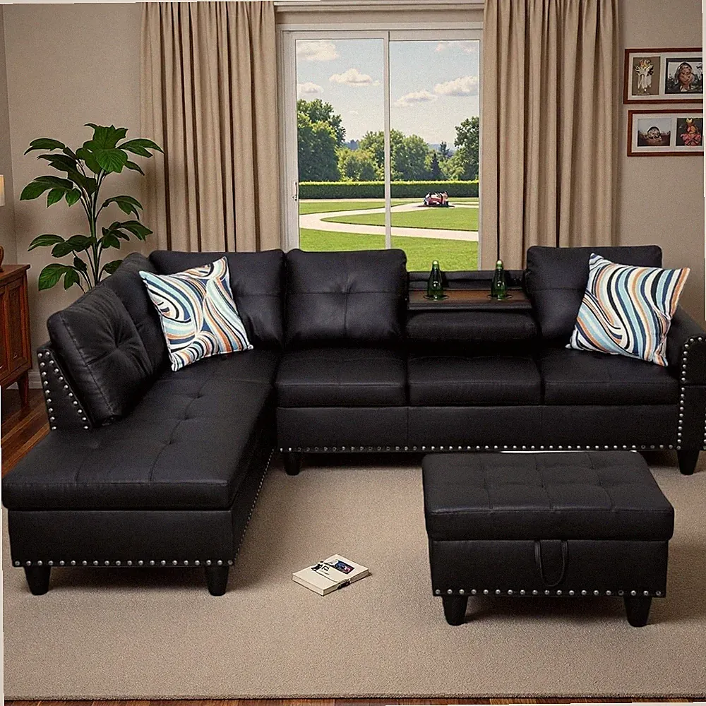 L-Shaped Modular Couch Set with Storage Ottoman - Black Leather, 4 Seats
