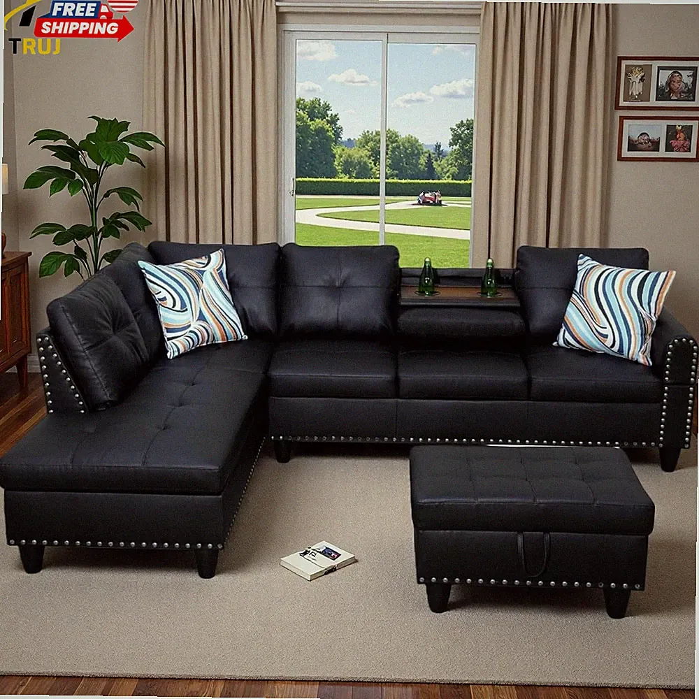 L Shaped Modular Couch Set with Storage Ottoman Black Leather 4 Seats for Apartm