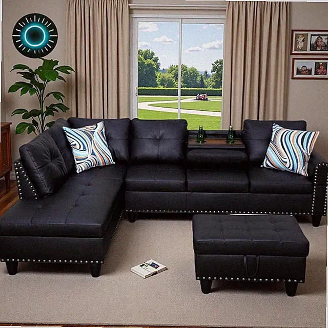 L-Shaped Modular Couch Set with Storage Ottoman - Black Leather 4 Seats NEW