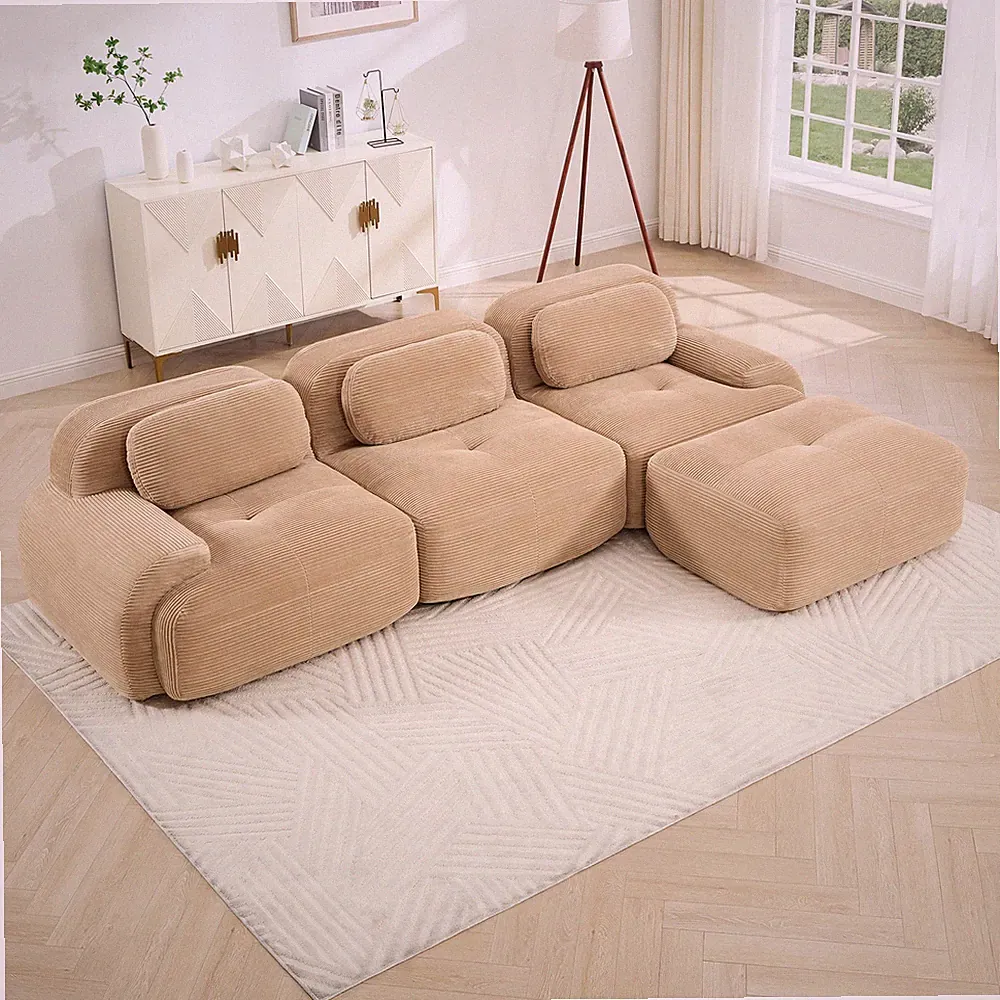 L-Shaped Modular Sectional Sofa 3-Seat Corduroy Fabric No Assembly Ergonomic