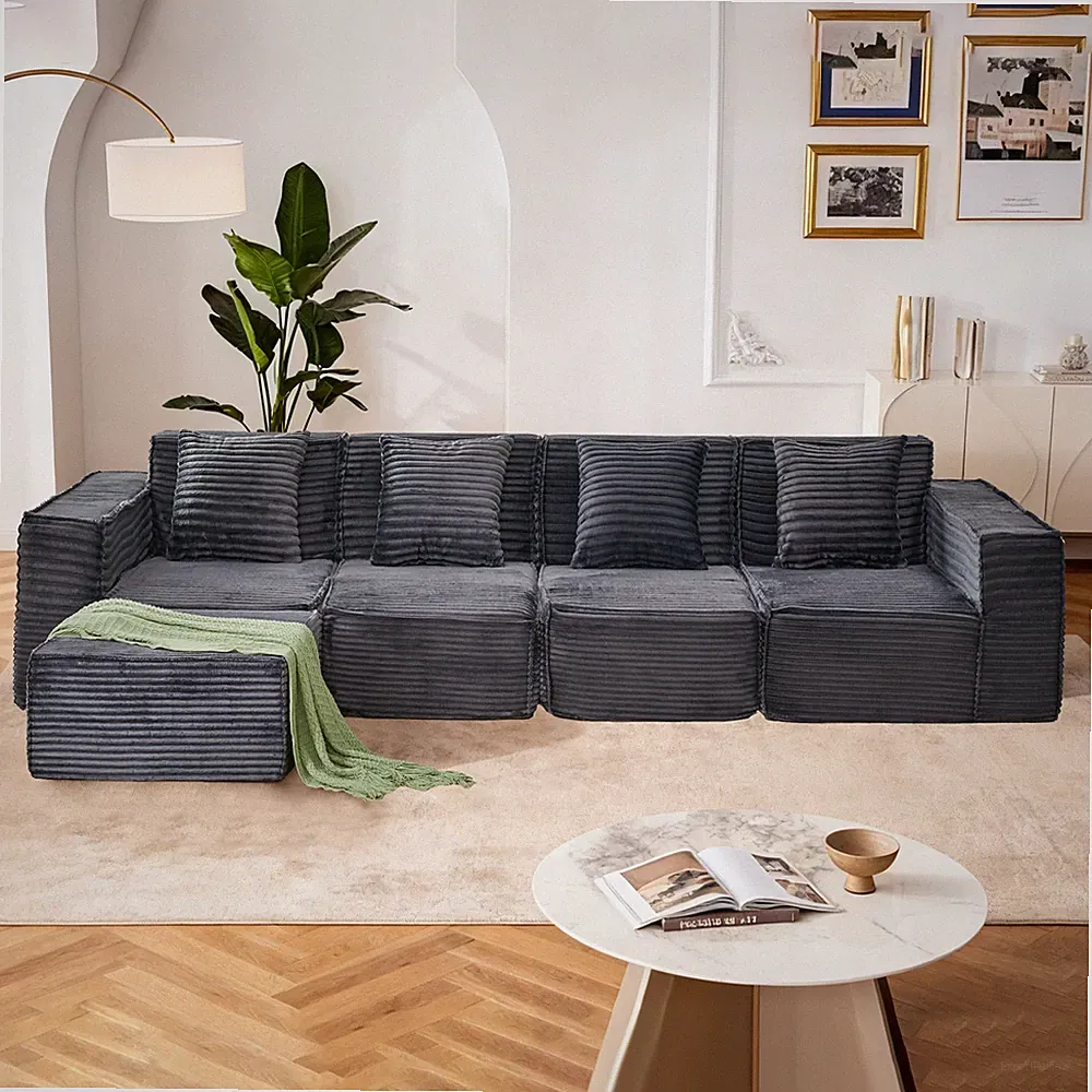 L-Shaped Modular Sectional Sofa, 4-Seater with Ottoman, Striped Corduroy Fabri