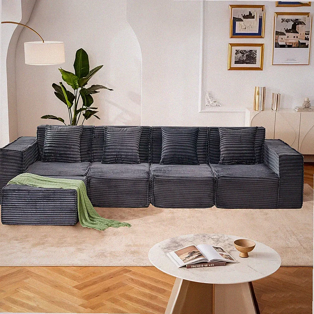 L-Shaped Modular Sectional Sofa, 4-Seater with Ottoman, Striped Corduroy Fabric