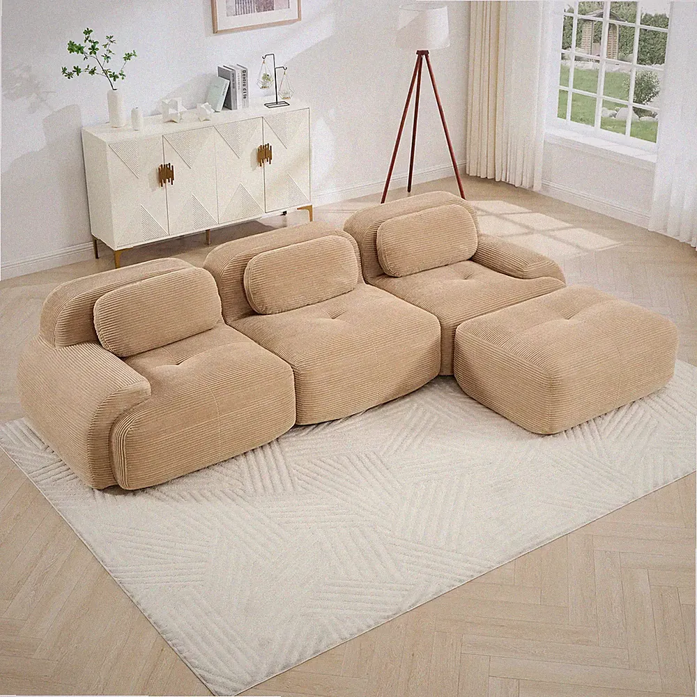 L-Shaped Modular Sectional Sofa Corduroy with Curved Armrests Camel