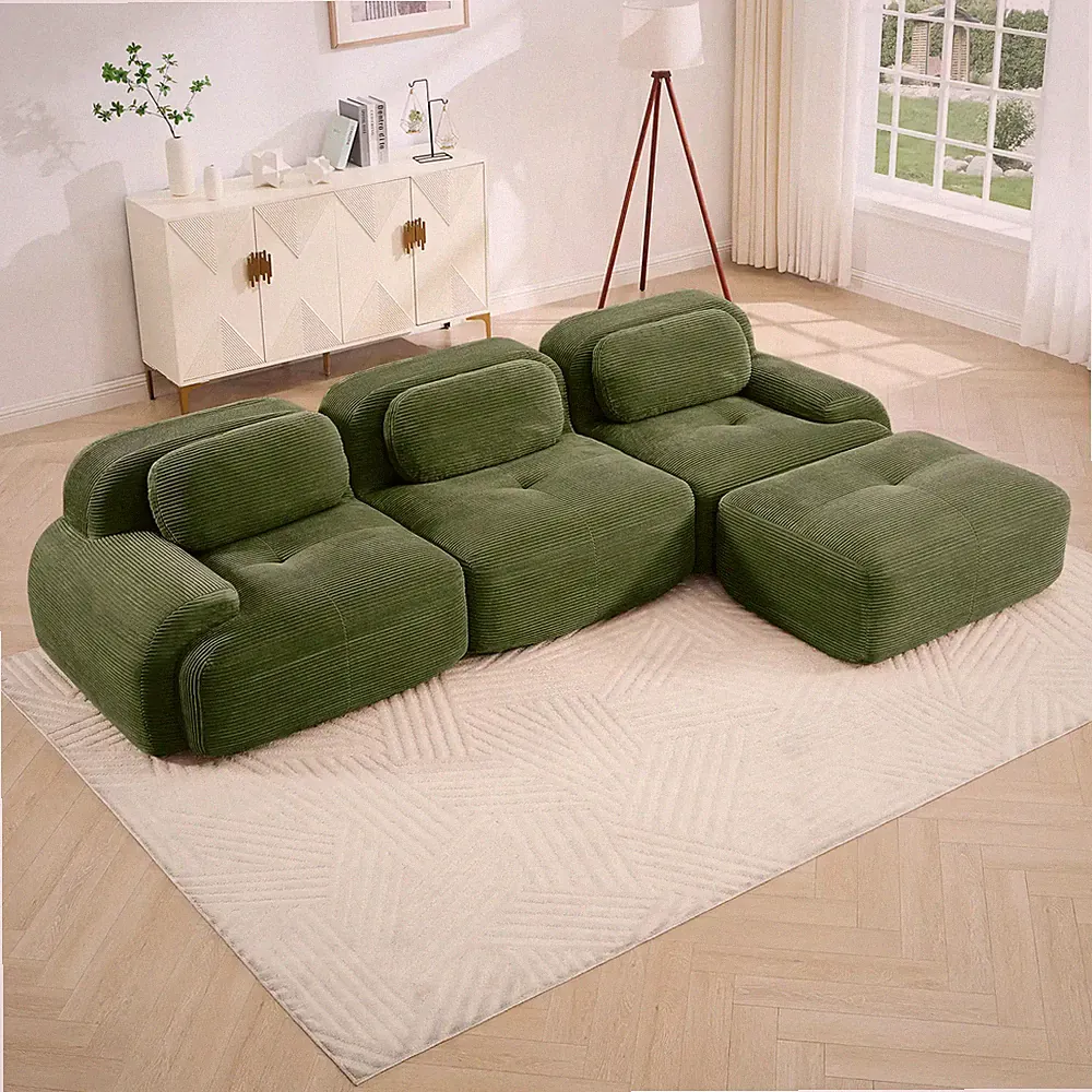 L-Shaped Modular Sectional Sofa Corduroy with Curved Armrests Olive Green