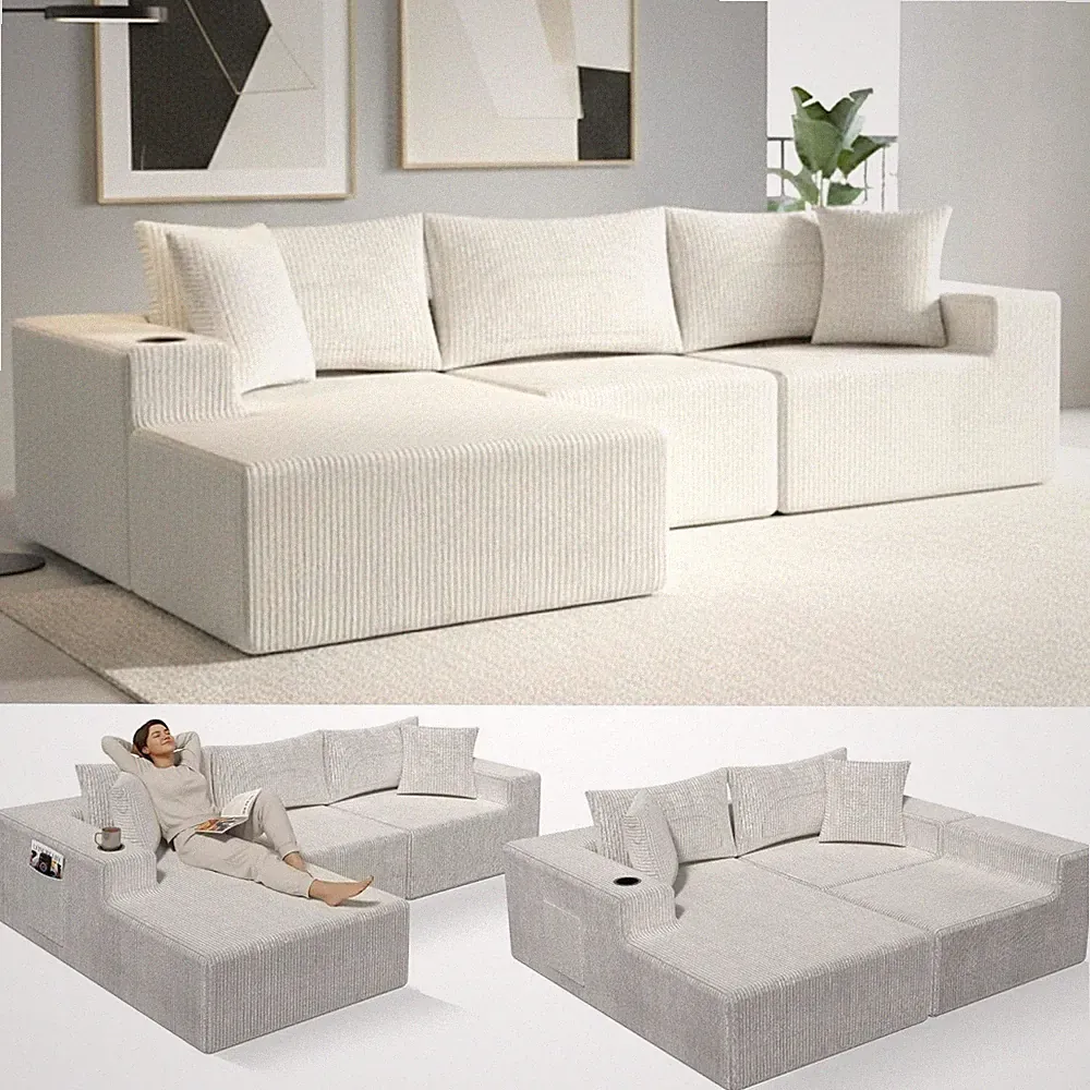 L Shaped Modular Sectional Sofa Modern Compressed Cloud Couch for Home Beige