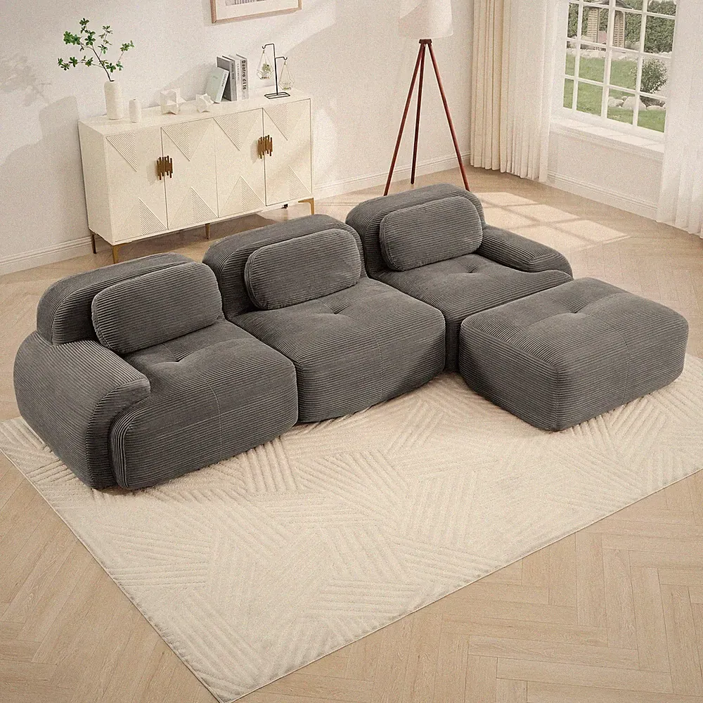 L-Shaped Modular Sectional Sofa, No Assembly, Grey Pet-Friendly Corduroy