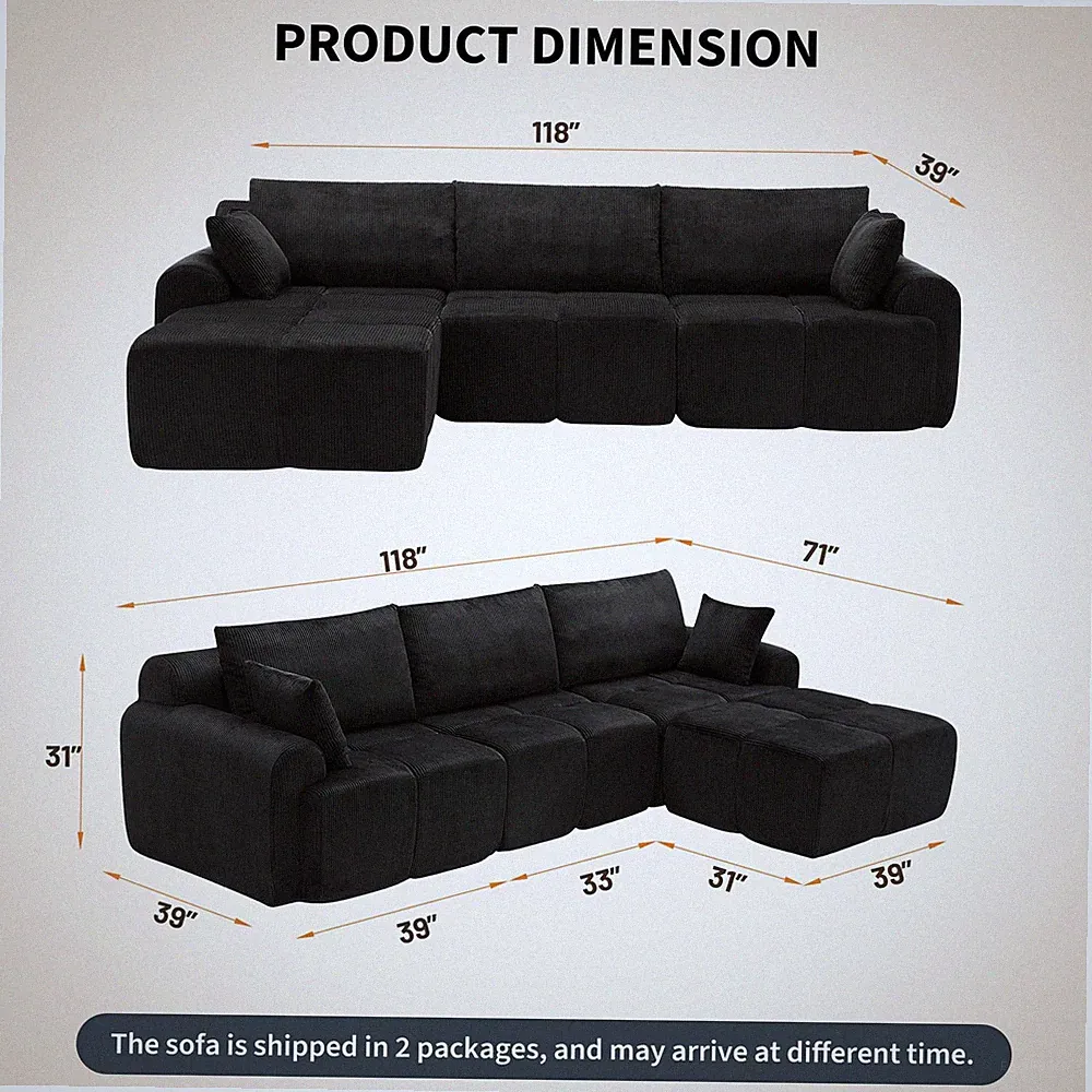 L‑Shaped Modular Sectional Sofa Oversized Armrests High Backrest Convertible