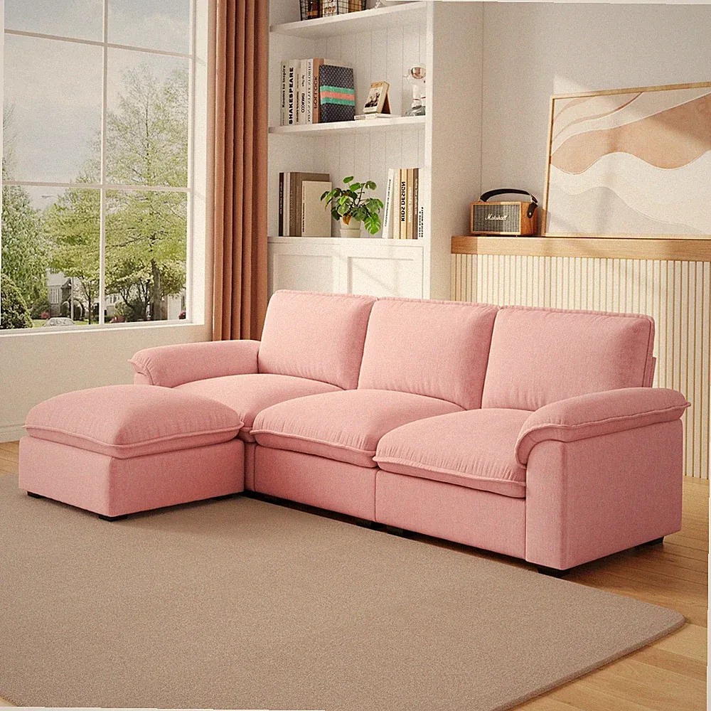 L Shaped Modular Sectional Sofa Pink Chenille 3-Seater Couch w/ Movable Ottoman