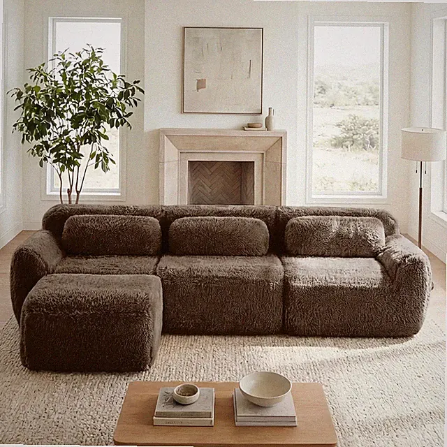 L-Shaped Modular Sectional Sofa Plush Fabric with Throw Pillows Chocolate