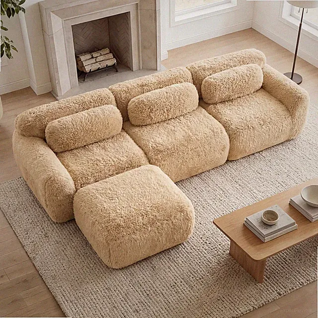 L-Shaped Modular Sectional Sofa Plush Fabric with Throw Pillows Light Khaki