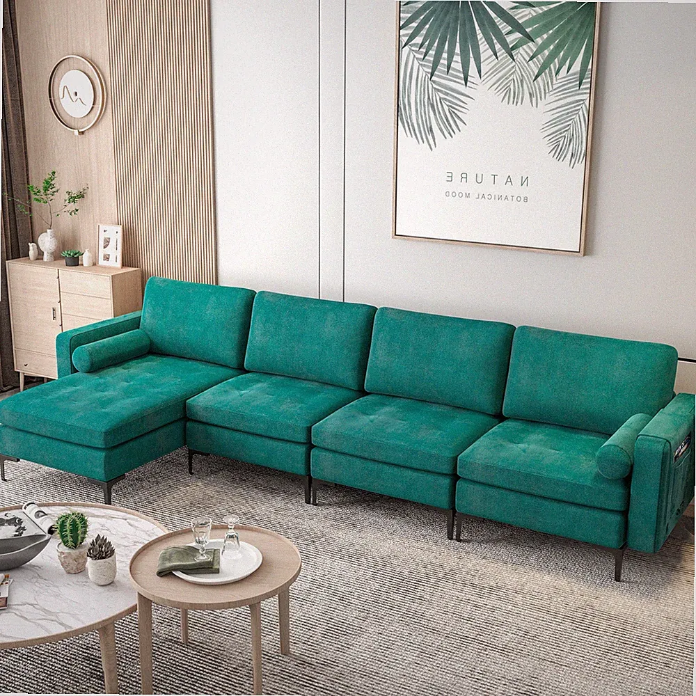 L-shaped Modular Sectional Sofa w/ 4 USB Ports Peacock & Reversible Chaise Teal