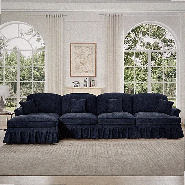 L-Shaped Modular Sectional Sofa w/ Ottoman, 4-Seat Chenille Couch, Blue