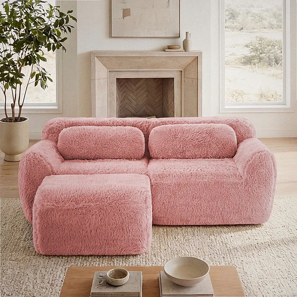 L-Shaped Modular Sectional Sofa with Chaise, Pink Plush Fabric, 32D Foam