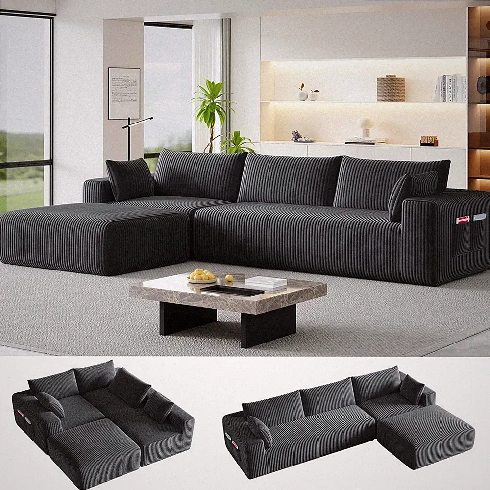 L Shaped Modular Sectional Sofa with Chaise, Plush Corduroy Fabric, Dark Gray