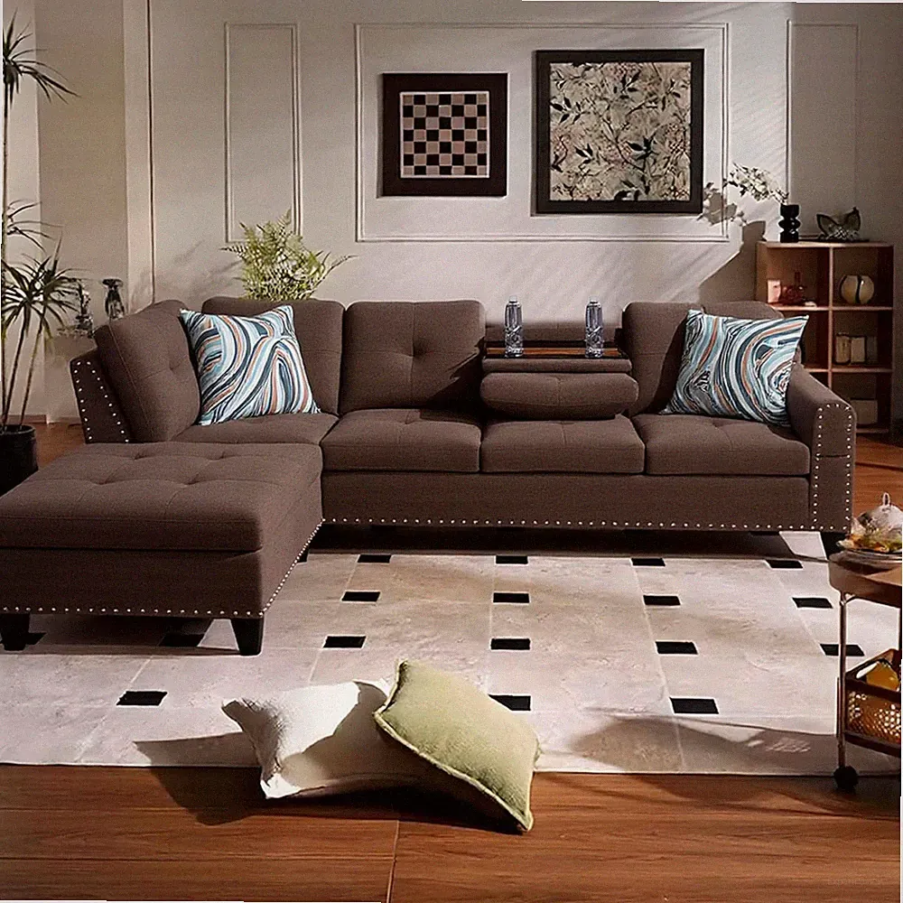 L-Shaped Modular Sectional Sofa with Cup Holders and Adjustable Backrest, Brown
