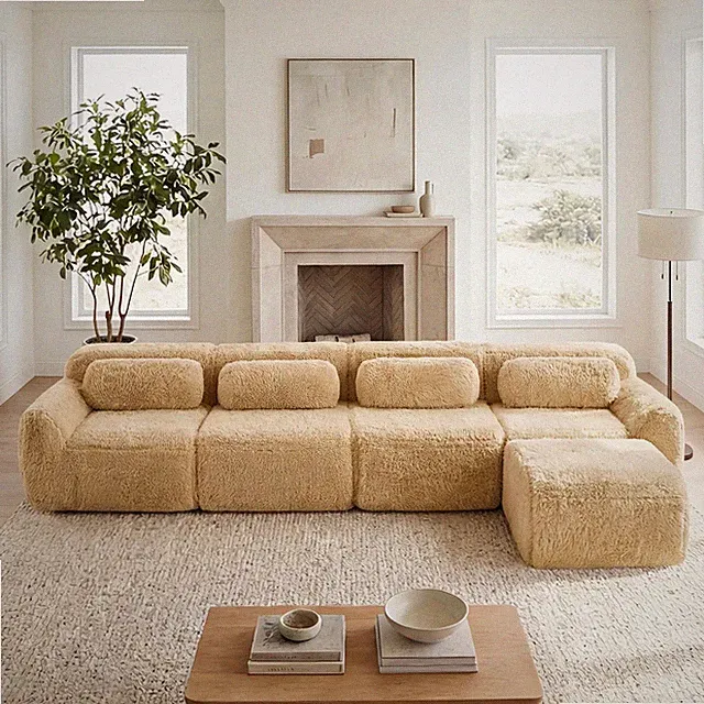 L-Shaped Modular Sectional Sofa with Fluffy Plush Fabric Light Khaki