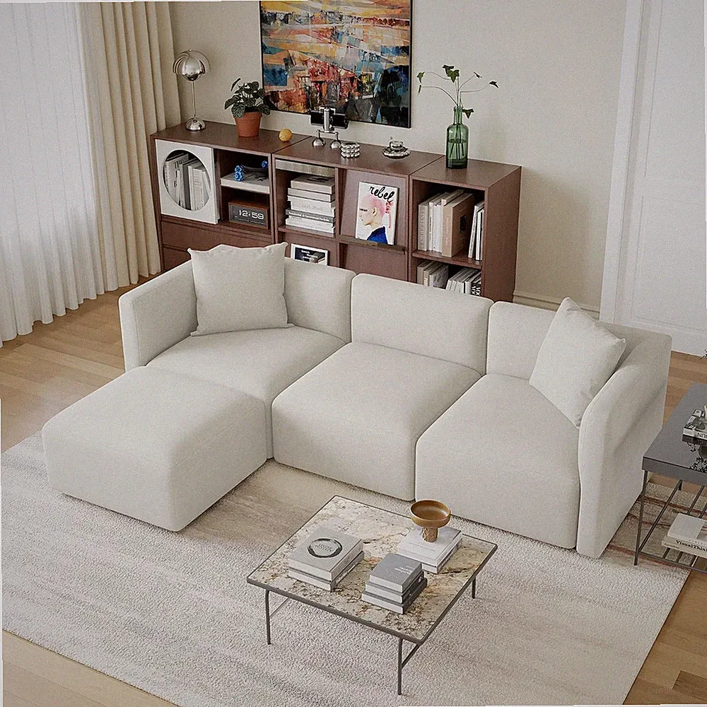 L-Shaped Modular Sectional Sofa with Ottoman, Linen-Like Cream
