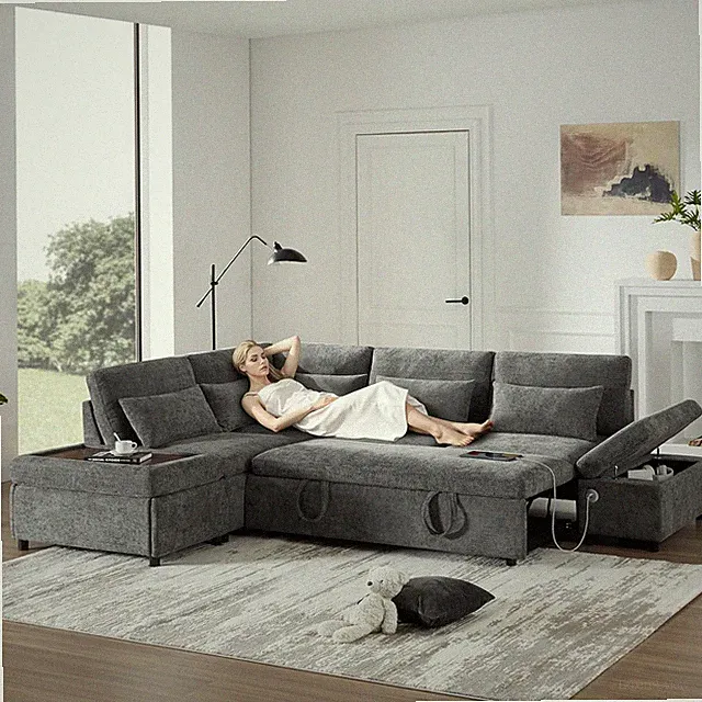 L-Shaped Modular Sectional Sofa with Ottoman & USB - Grey Oversize Comfort