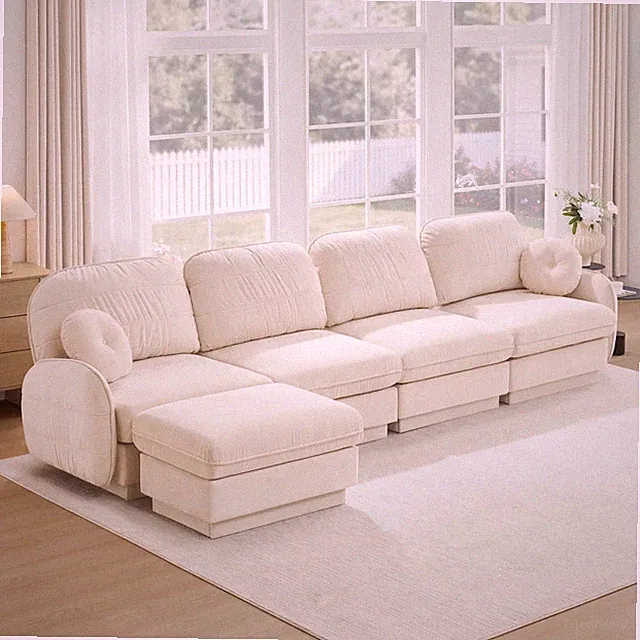L-Shaped Modular Sectional Sofa with Quilted Cushions Chenille Cream Beige