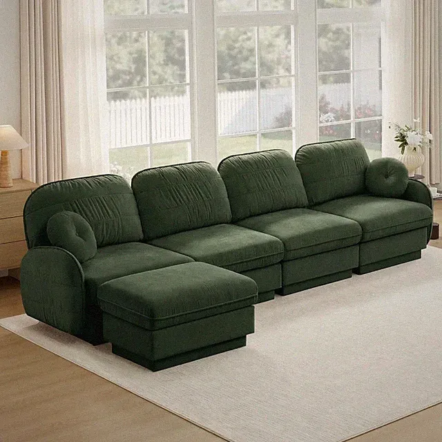 L-Shaped Modular Sectional Sofa with Quilted Cushions Chenille Green