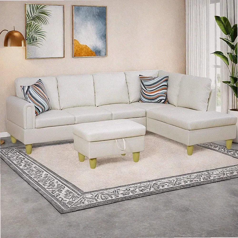 L-Shaped Modular Sectional Sofa with Storage Ottoman - 4-Seater White Couch