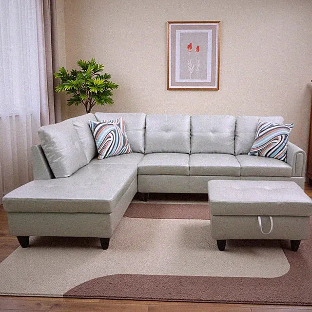 L Shaped Modular Sofa Set with Chaise & Storage Ottoman, Silver Green Faux Leath