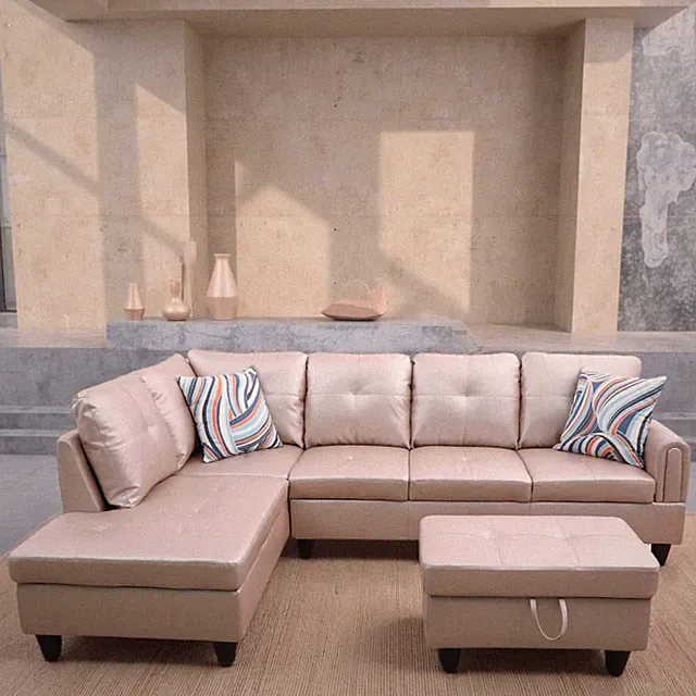 L-Shaped Modular Sofa with Chaise & Storage Ottoman - Faux Leather Latte
