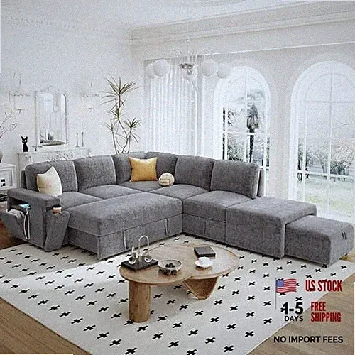 L-Shaped Modular Sofa with Removable Storage Ottoman, USB Ports and Cup Grey