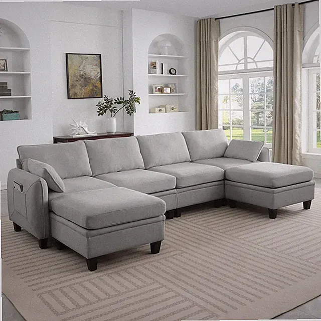 L-Shaped Modular Sofa with Storage Ottoman, Gray Chenille, 6 Seater
