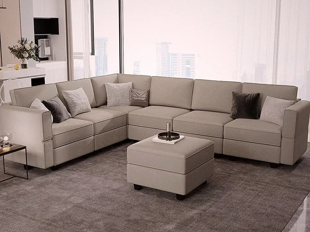 L-Shaped Modular Velvet Sectional Sofa with Storage Ottoman - Grey