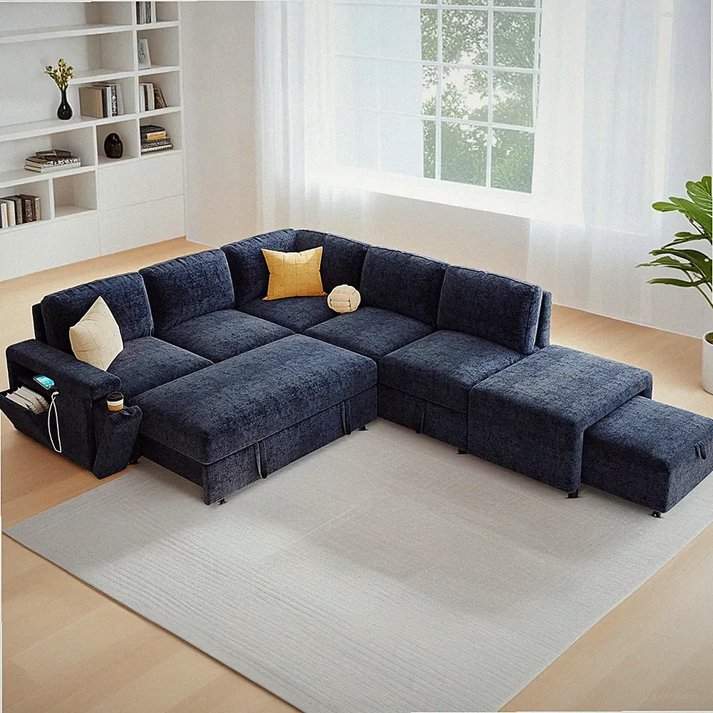 L-Shaped Multifunctional Sleeper Sectional with Hidden Storage and Cupholders, M