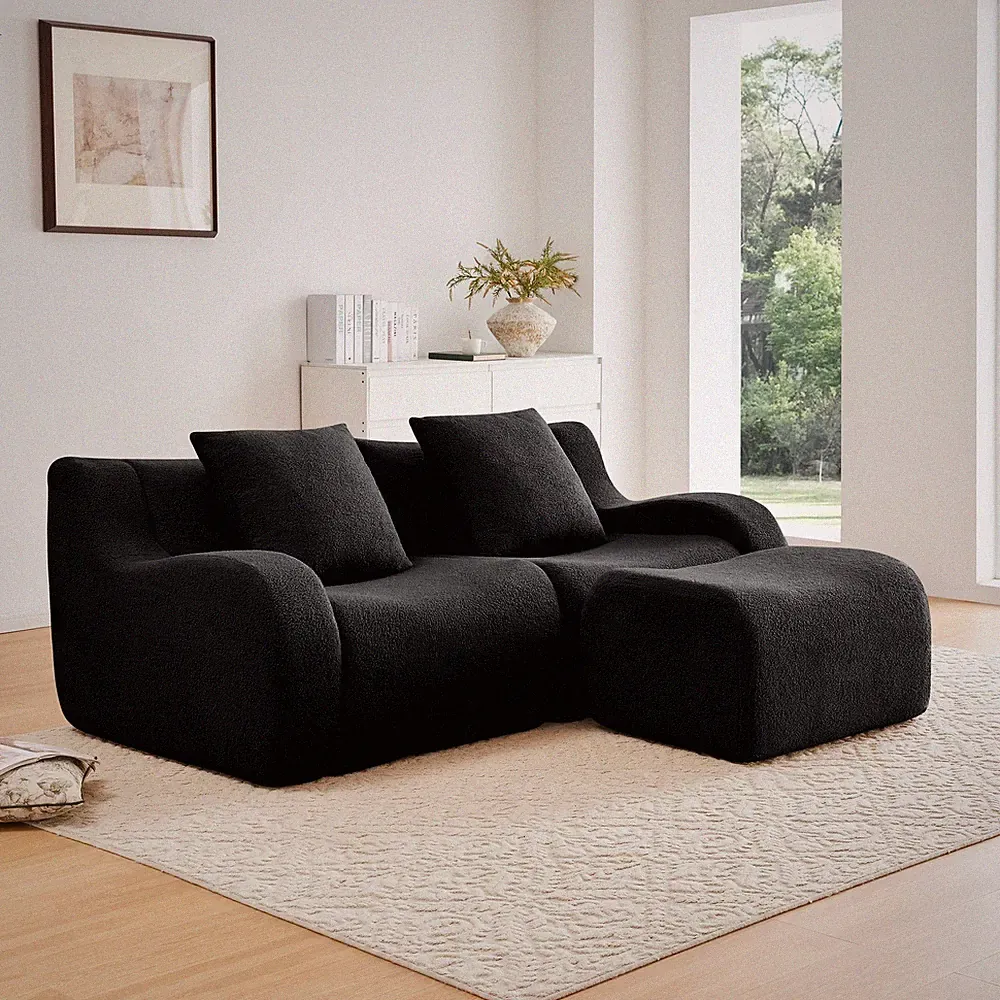 L-Shaped Non-Slip Teddy Fabric Sectional Sofa, 2-Seat, Ergonomic, Black