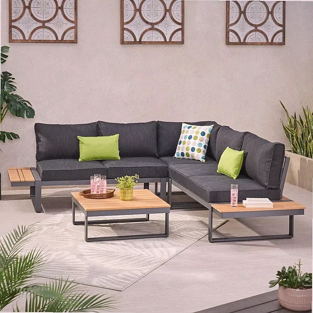 L-Shaped Outdoor Sectional Sofa 5 Seater Set with Cushions & Coffee Table