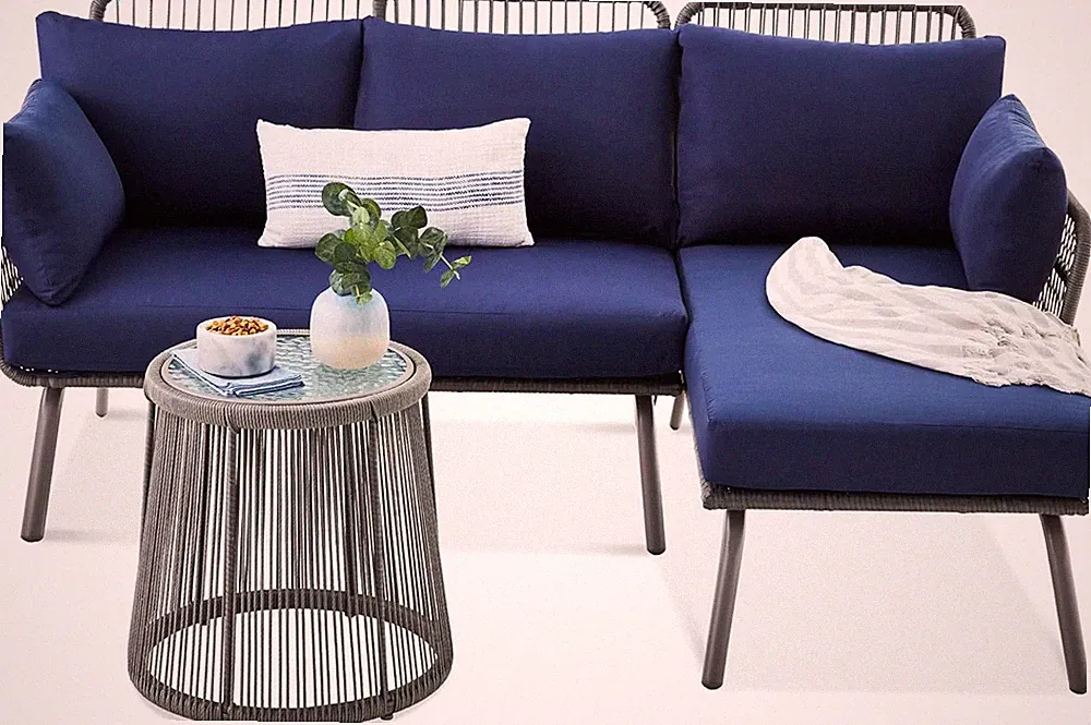L-Shaped Outdoor Sectional Sofa Set with Cushions & Side Table - Gray/Navy