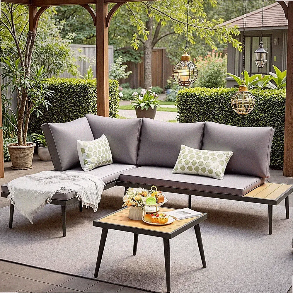 L-Shaped Outdoor Sectional Sofa w/ Acacia Wood & Cup Holder, Gray