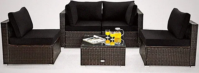 L-Shaped Outdoor Wicker Sofa Set with Cushions & Glass Table - 5 Pieces Black