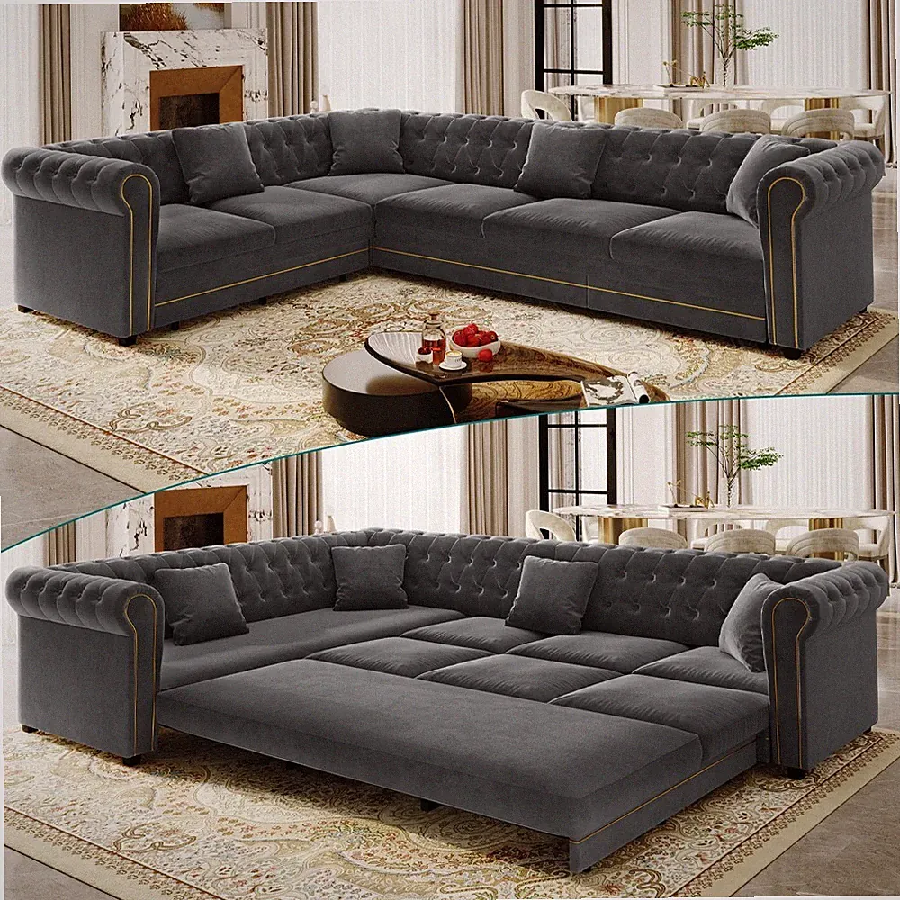 L-Shaped Oversize Convertible Sofa Pull-Out Bed 115.3" Deep Seat Couch+Pillows
