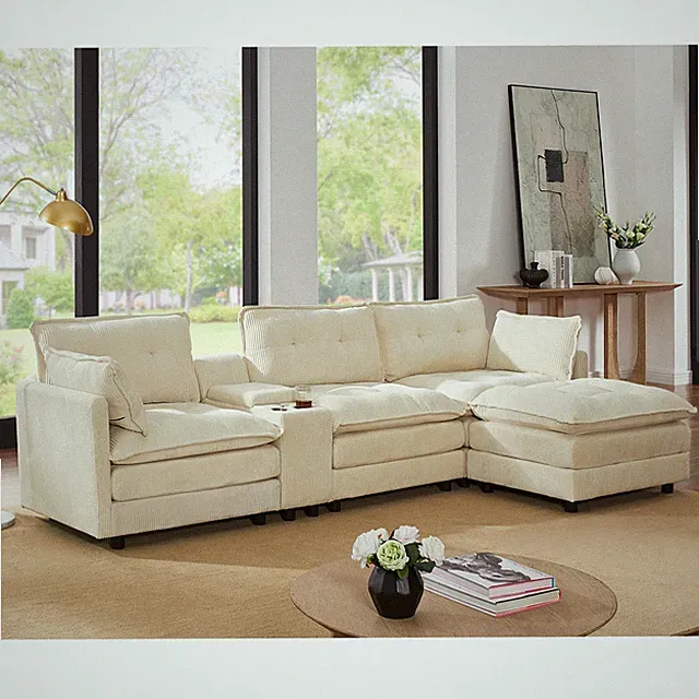 L-Shaped Oversized Corduroy Sectional Sofa w/ Ottoman, Console, USB, Tufted Back