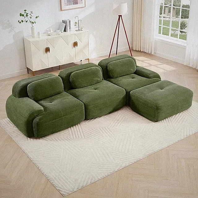 L-Shaped Oversized Green Corduroy Sectional Sofa with Ottoman & Pillows