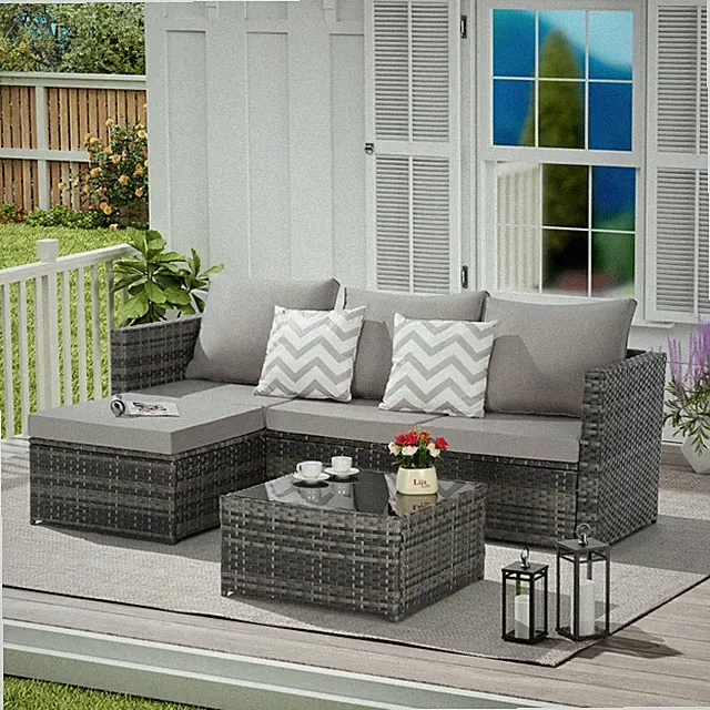 L-Shaped Patio Furniture Set Outdoor Sectional Wicker Conversation Set w/Ottoman