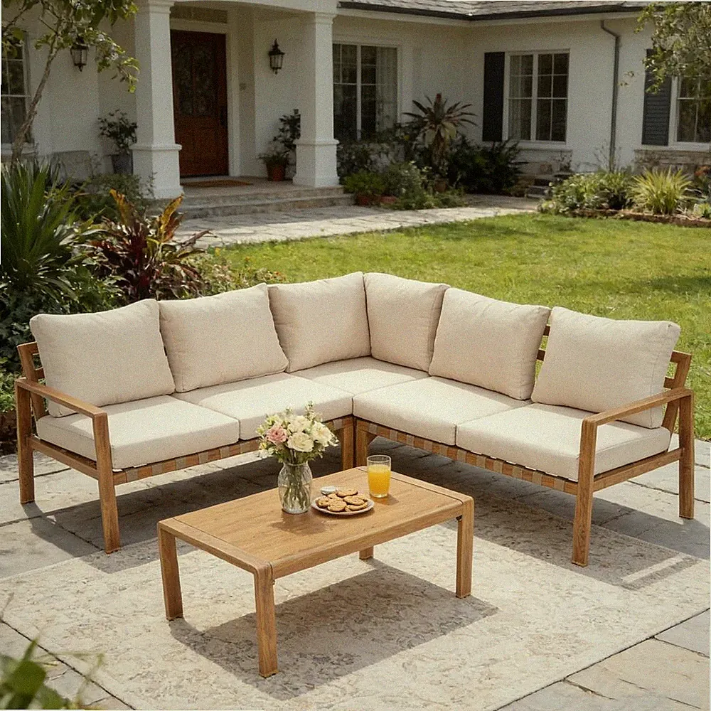 L-Shaped Patio Sectional Sofa Set, 4-Piece With Cushions