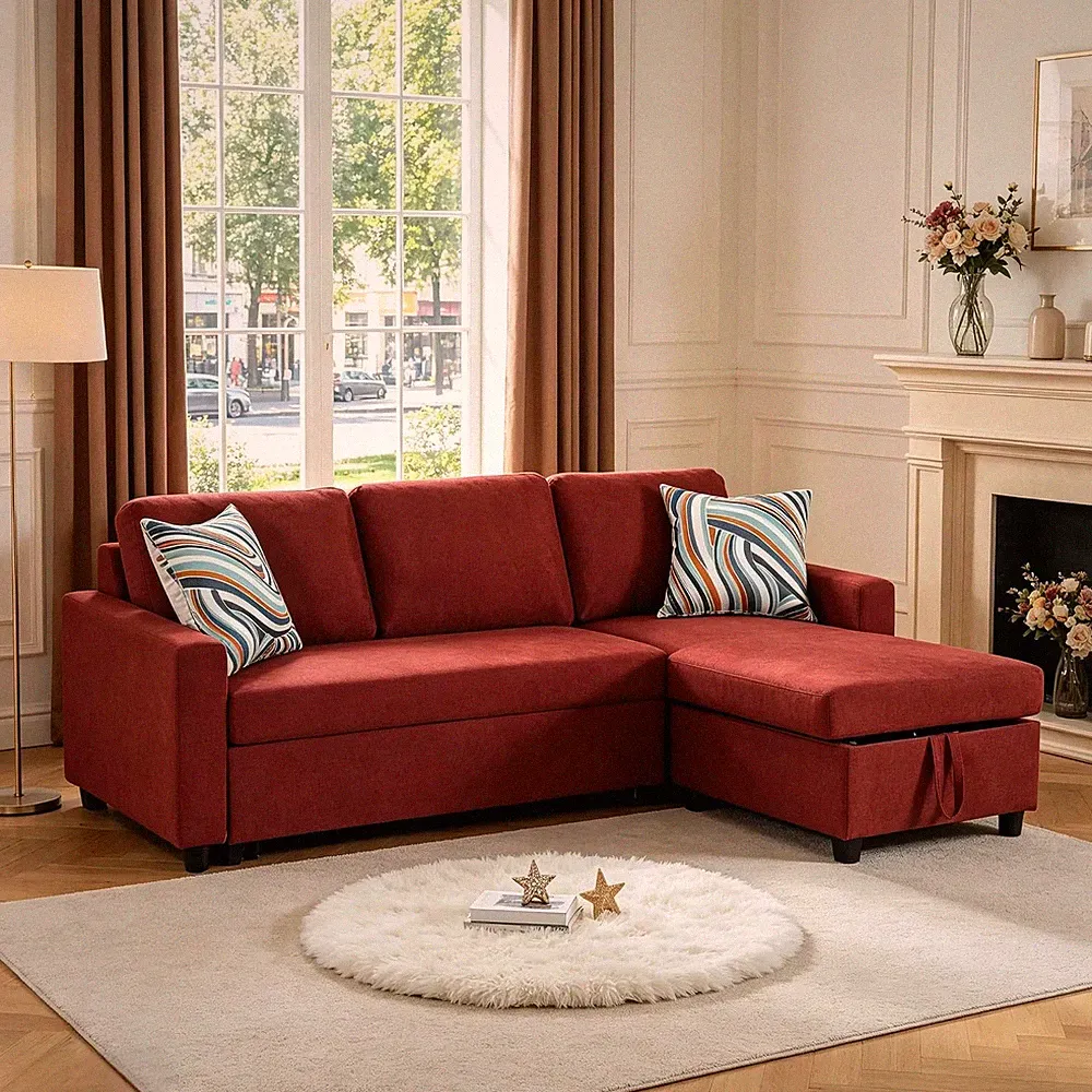 L-Shaped Pull Out Couch with Storage Chaise, Queen Sleeper Sofa in Red