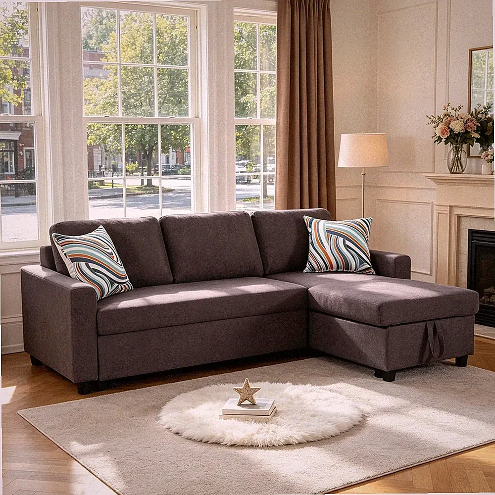 L-Shaped Pull Out Couch with Storage, Queen Size Sleeper Sofa, Dark Brown