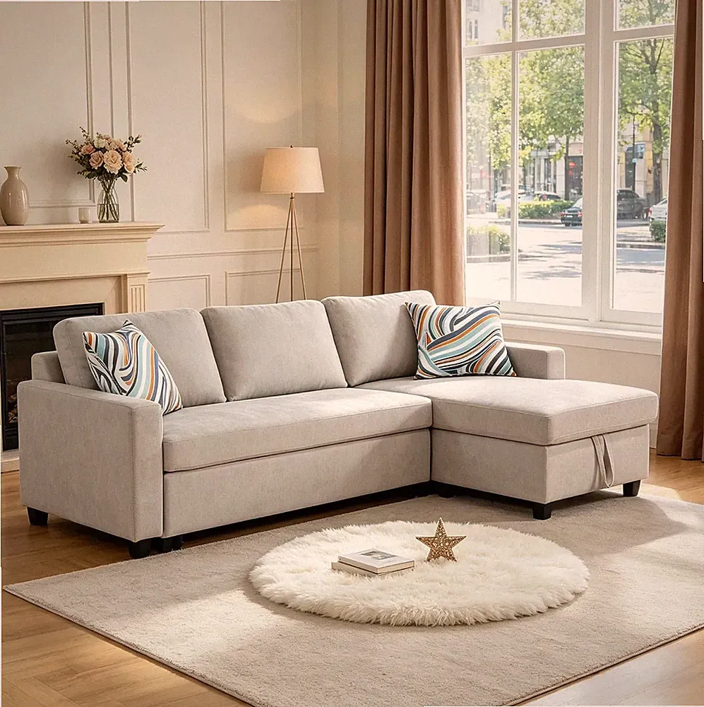 L Shaped Pull Out Couch with Storage, Queen Size Sleeper Sofa, Gray