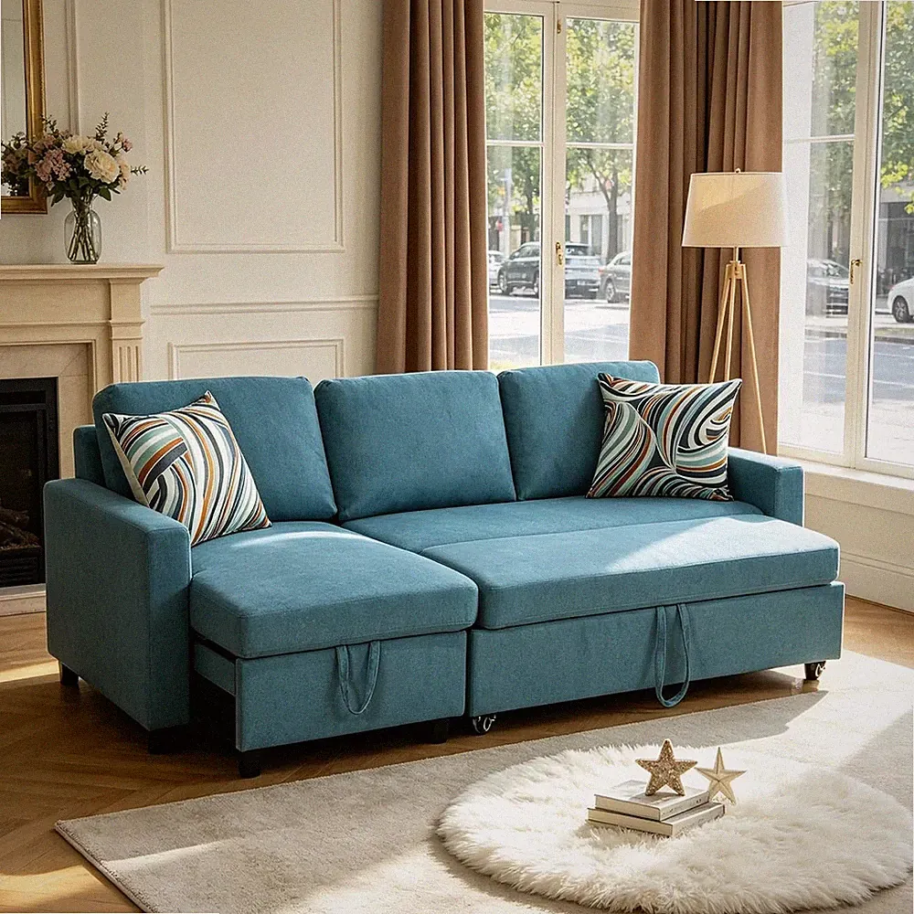 L Shaped Pull Out Couch with Storage, Queen Sleeper Sofa in Blue