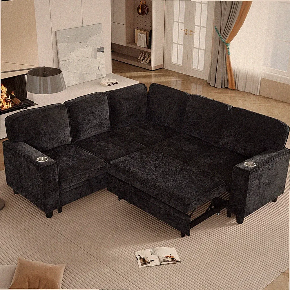 L-Shaped Pull Out Sectional Sofa Bed 5 Seater with Storage, USB in Grey