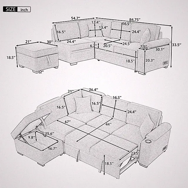 L-Shaped Pull Out Sleeper Sectional Sofa Bed with Storage Ottoman Linen Beige
